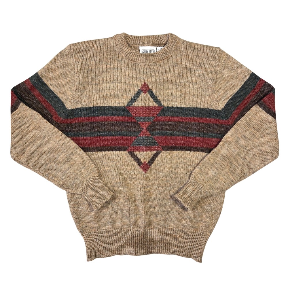 Gary Reed Vintage Mens Southwestern Geometric Eclectic‎ Knit Sweater Tan Medium